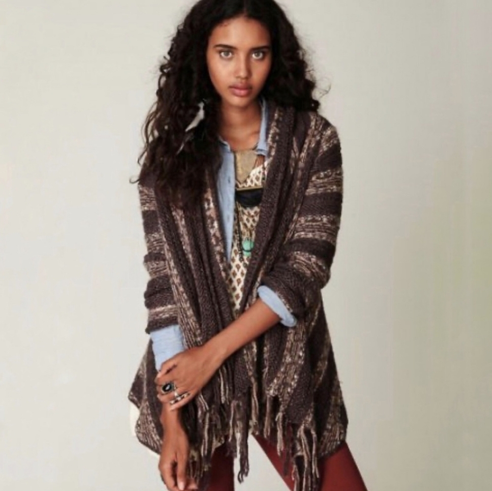 Free People Bohemian Fringe Cardigan Brown & Cream Color